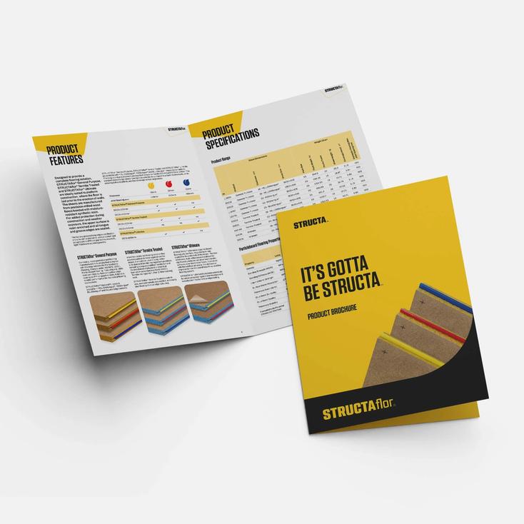 STRUCTAflor brochures, one flat showing the cover and the other open showing contents