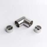 A fixed 90° Stainless Steel metal tube connector positioned between two silver circular mounting inserts 65mm x 43mm