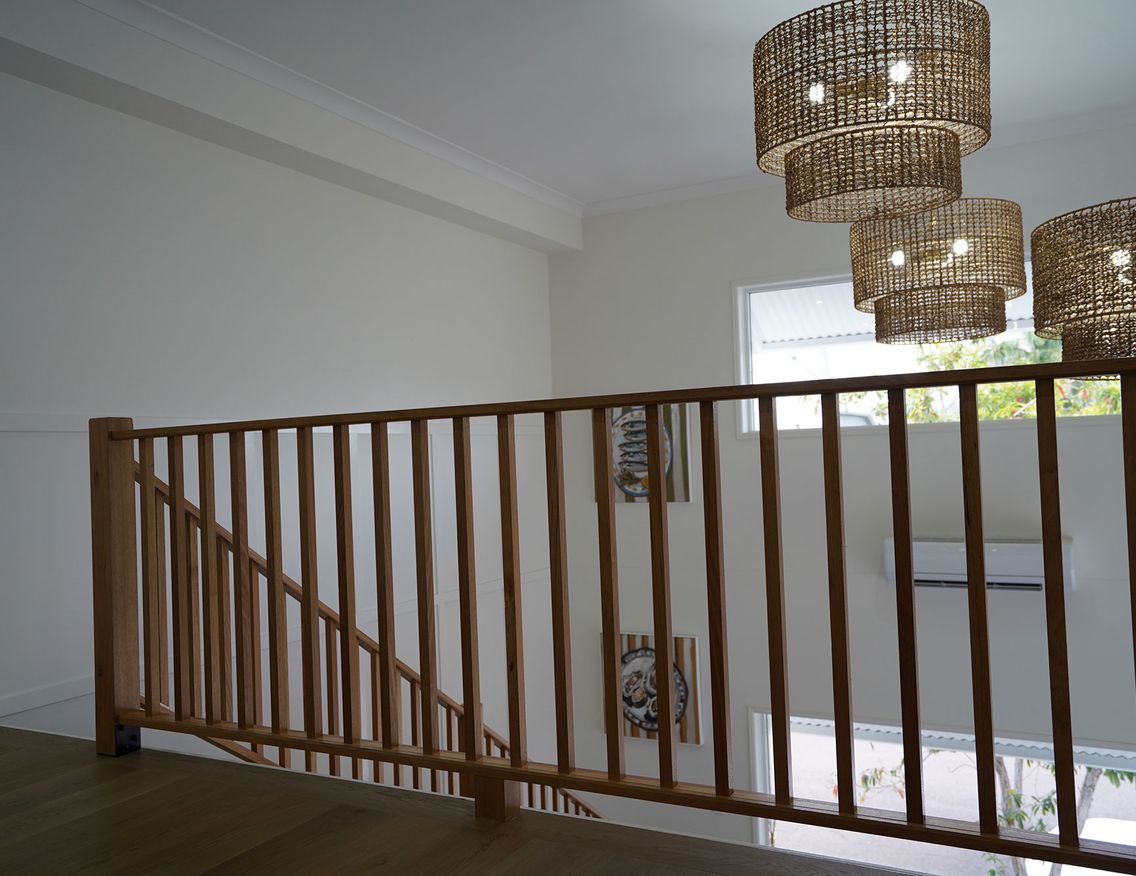Close up of a staircase balustrade made from Porta timbers