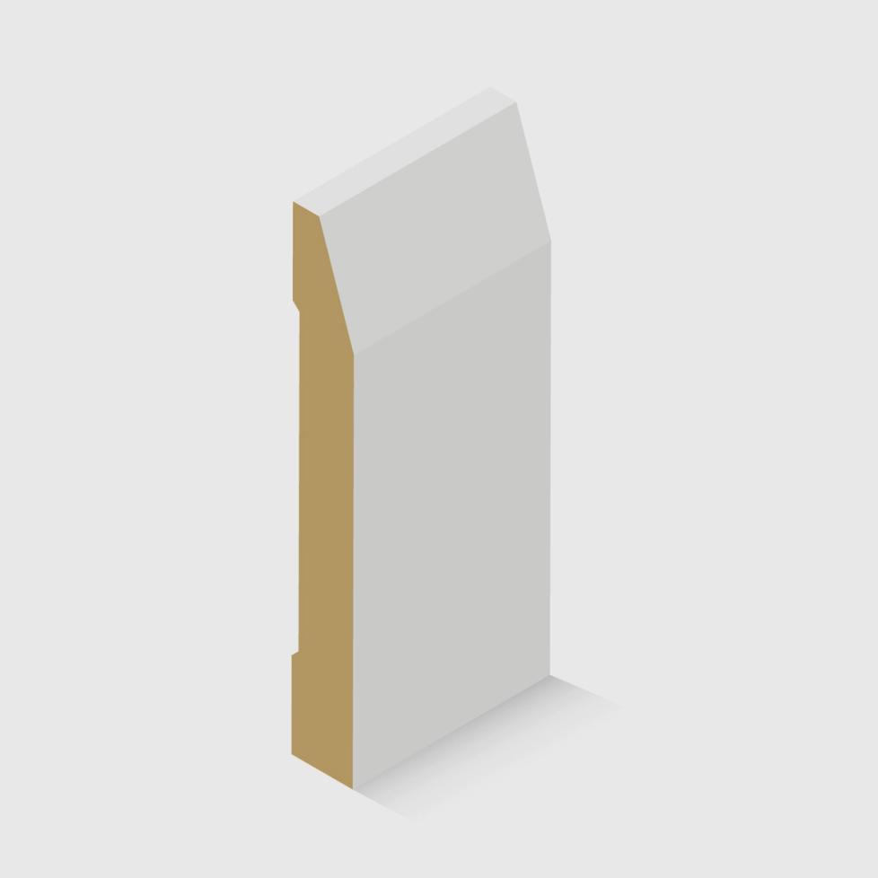 A timber skirting board with an angled top edge and a small stepped detail near the back in White Primed MDF 140 x 18mm