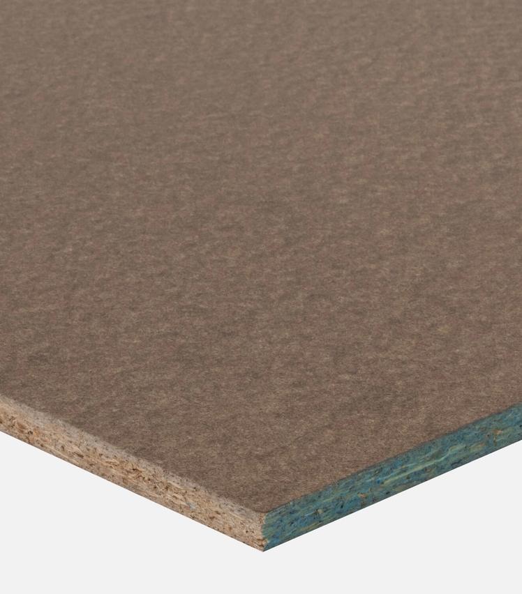 Close up of the corner of STRUCTApenal Smooth 12mm particleboard, showing the blue edge on the right hand side