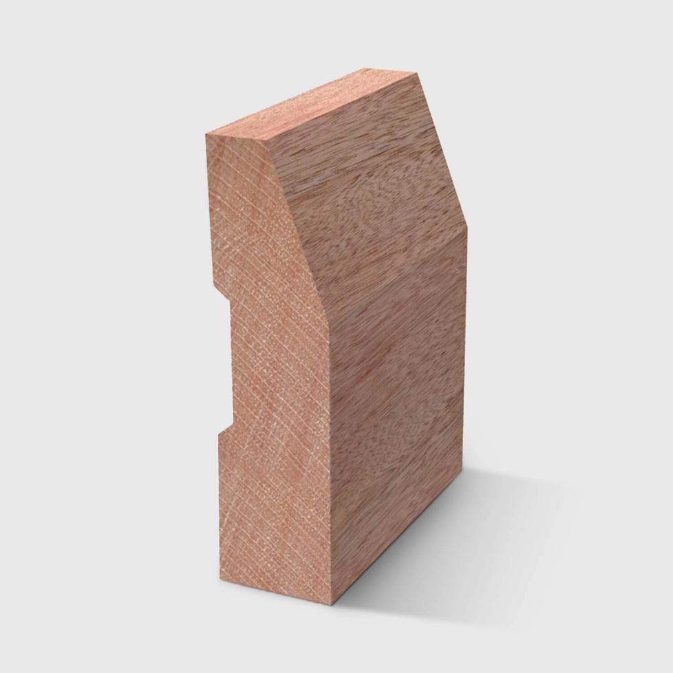 A timber skirting board with an angled top edge and a small stepped detail near the back in Meranti 66 x 18mm